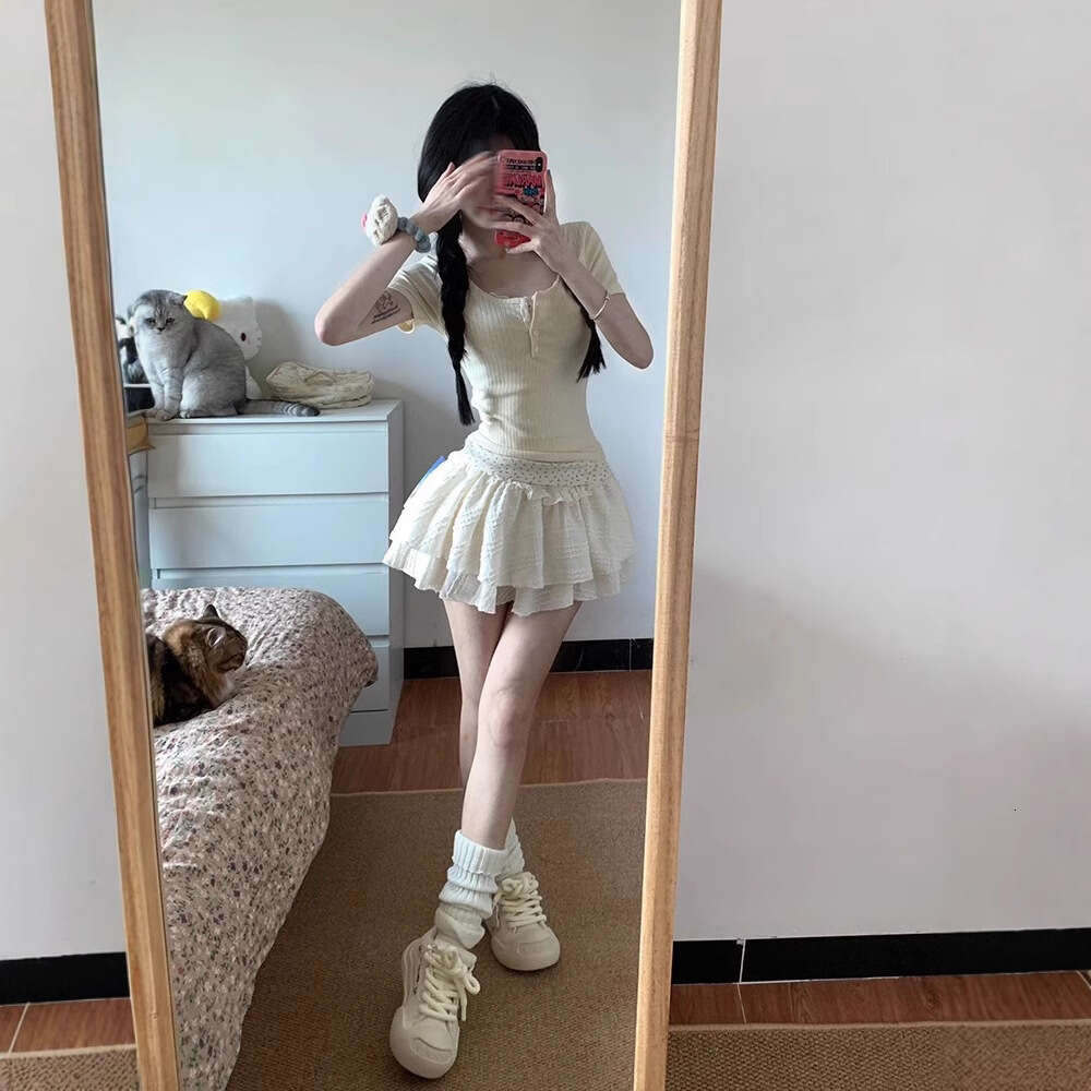 Summer Matching New Pure Desire Sweet Girl Slim Fit Fake Two-Piece Short Sleeve Half Skirt Set B5