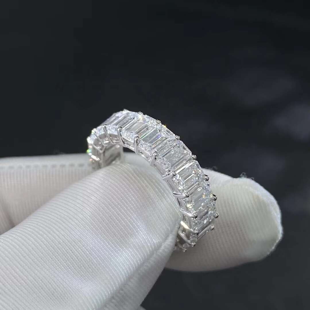 14K White Gold VVS1 DEF Color Emerald Cut Lab Grown Diamond Eternity Ring Band