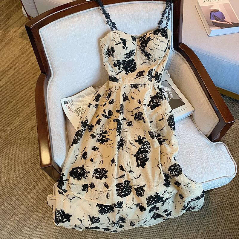 Plus Size Fat MM Hepburn Style Floral For Women Summer High-End Sense Elegant Long French Tea Break Strap Dress B5