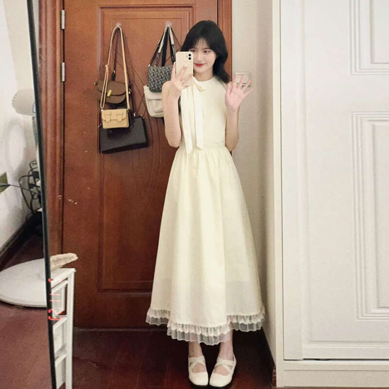 French Romantic Halter Summer First Love Sleeveless Beach A-Line Waist-Cinching Long Dress For Women B5