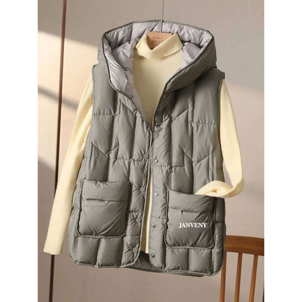 Janveny 2025 New Fashion Hooded Down Sleeveless Vest Women Lightweight Seamless White Duck Feather Puffer Short Waistcoat
