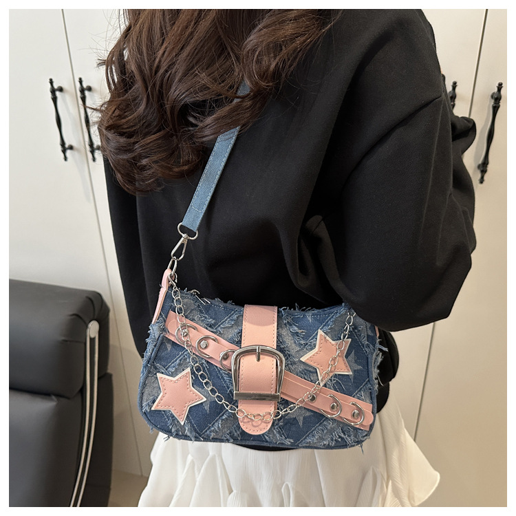 Fashion Cool Girls Denim Shoulder Crossbody Bags Vintage Chain Women's Underarm Bag Y2k Star Portable Female Hobos Handbags