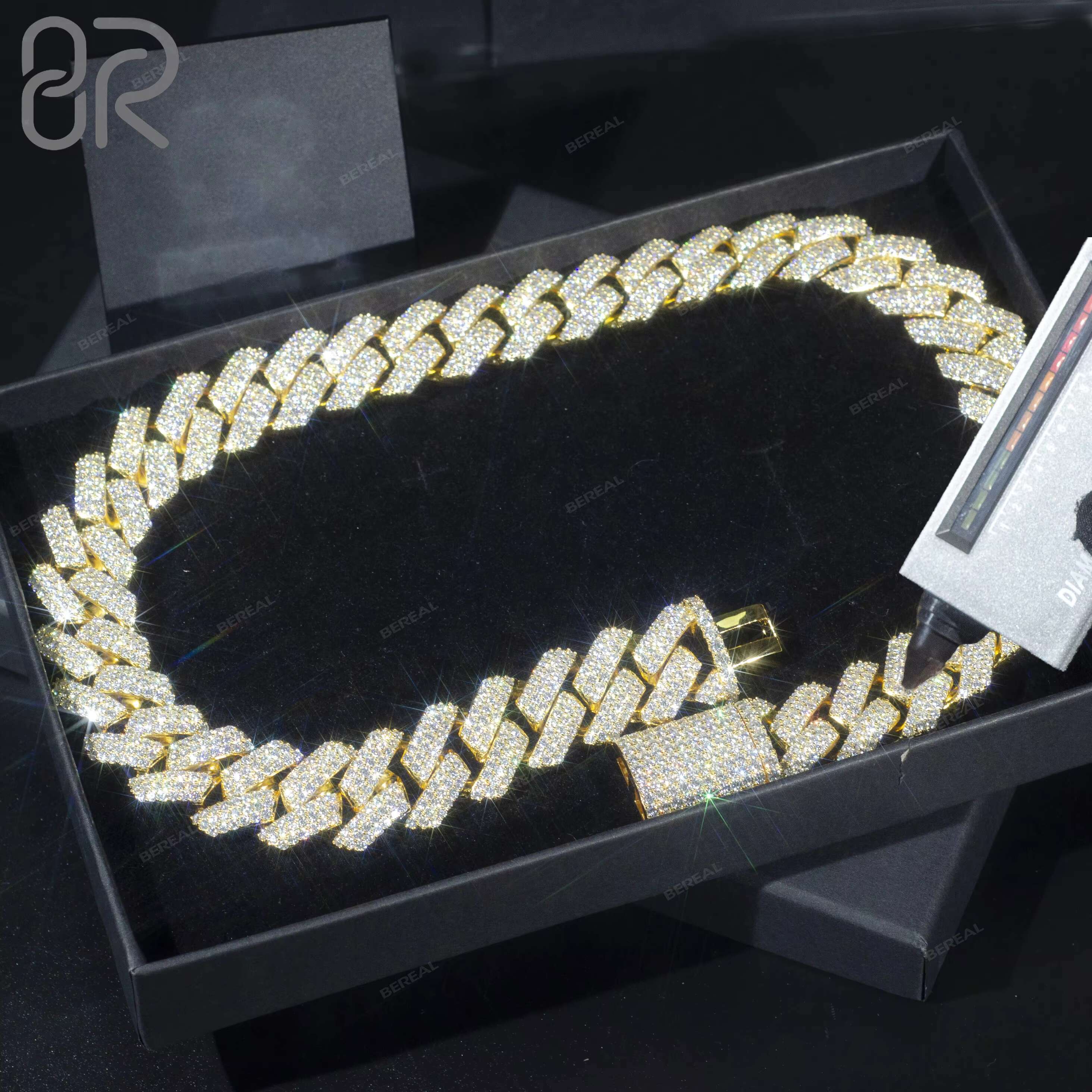 Wholesale Price 18mm Moissanite Cuban Chain Fancy Jewelry Round Brilliant Cut Diamond Gold Plated 925 Silver Cuban Link Necklace