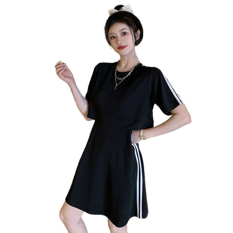 Plus Size French Casual Fake Two-Piece Summer Fat MM Belly Covering Slimming Sports Style Dress For Women B5
