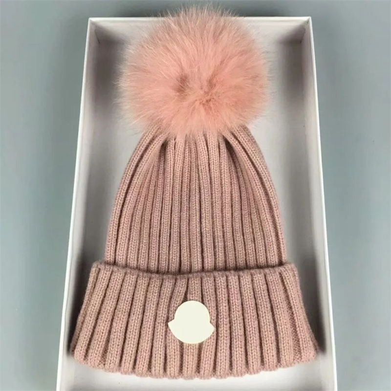 Designer Beanie Winter Knitted Woolen Hat Bonnet Women Chunky Knit Thick Warm Fur Pom Beanies Female Fitted Hats Caps 003