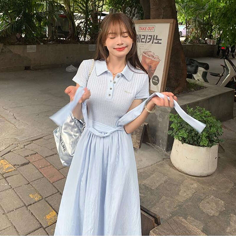 Sweet Youthful Polo Collar Waist-Cinching Beautiful Long French Gentle Blue Elegant Short Sleeve Dress Summer B5