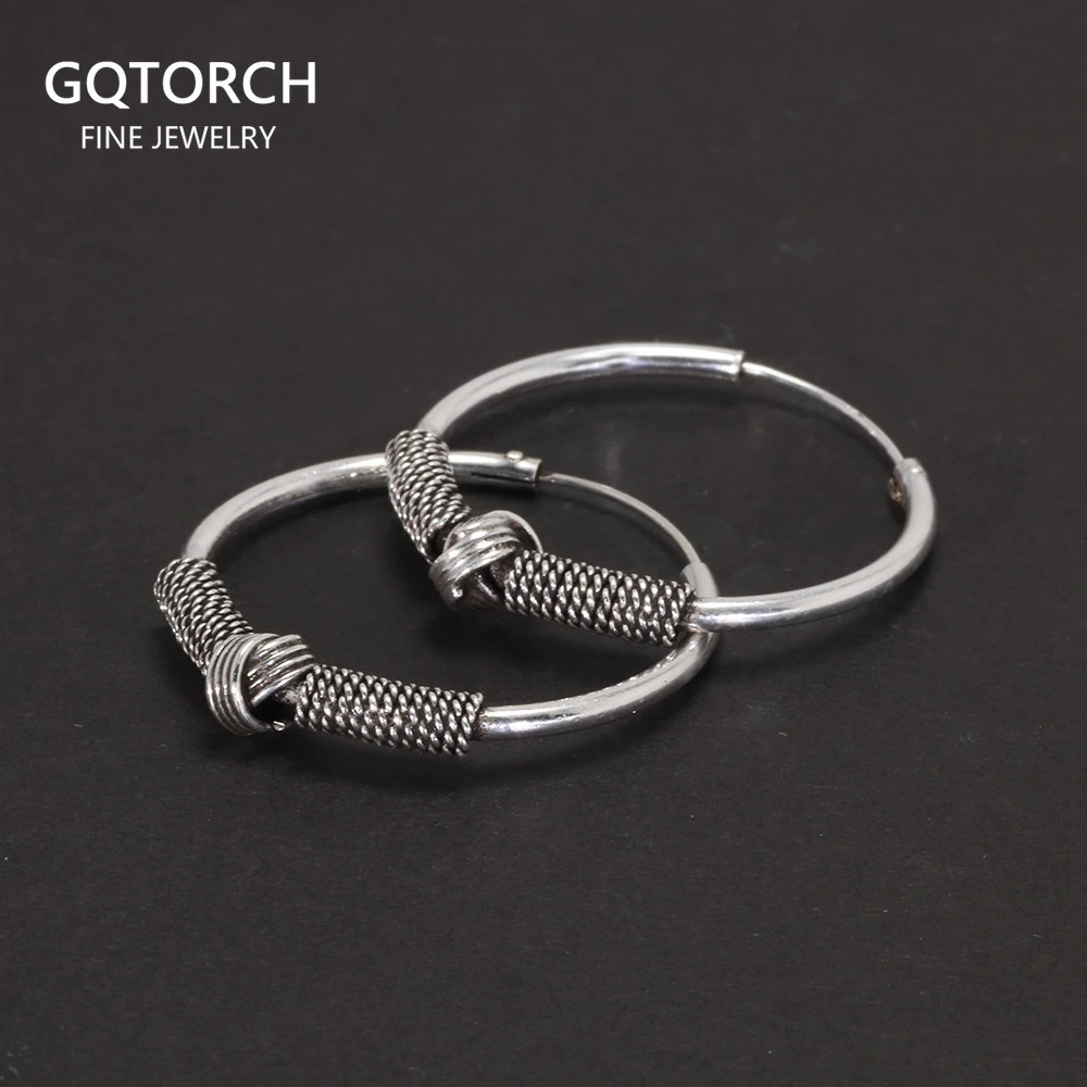 Real 925 Sterling Silver Hoop Earrings Antique Thai Silver Round Circle Hip Hop Punk Gothic Jewelry Party Gift 250708