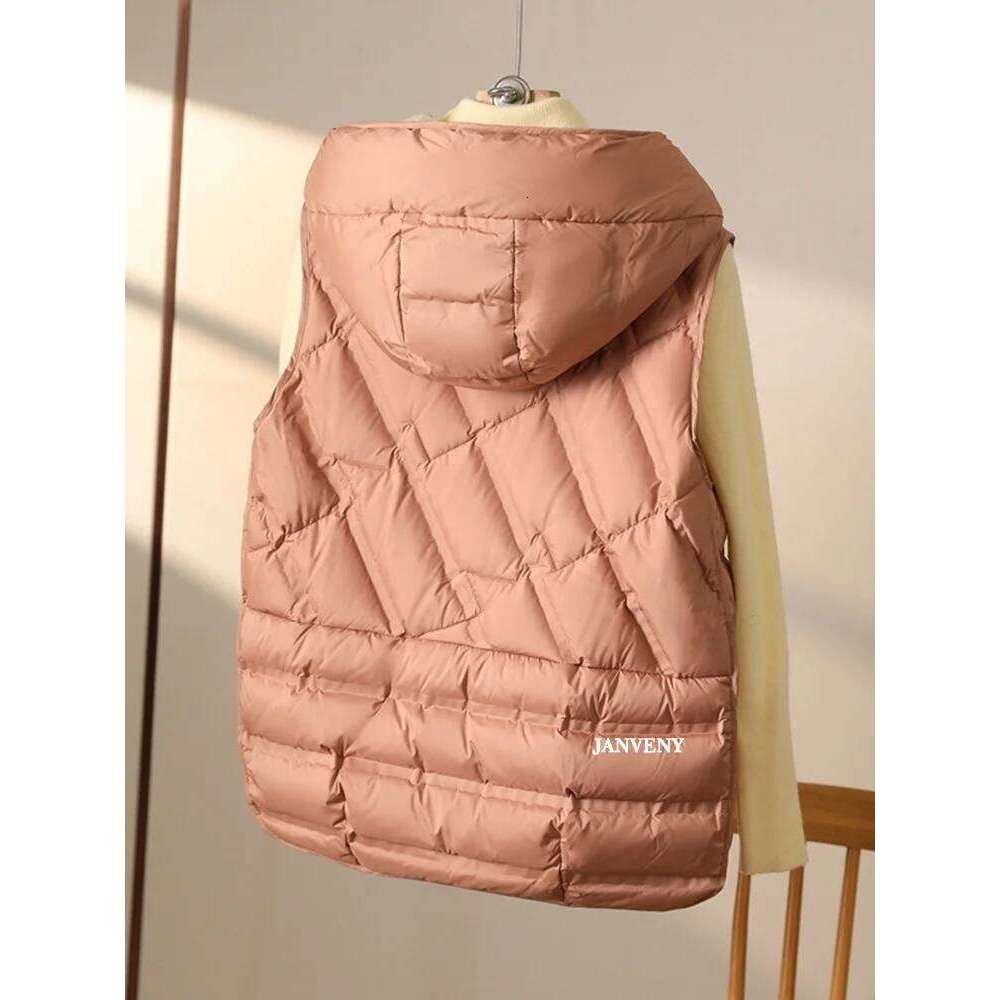 Janveny 2025 New Fashion Hooded Down Sleeveless Vest Women Lightweight Seamless White Duck Feather Puffer Short Waistcoat