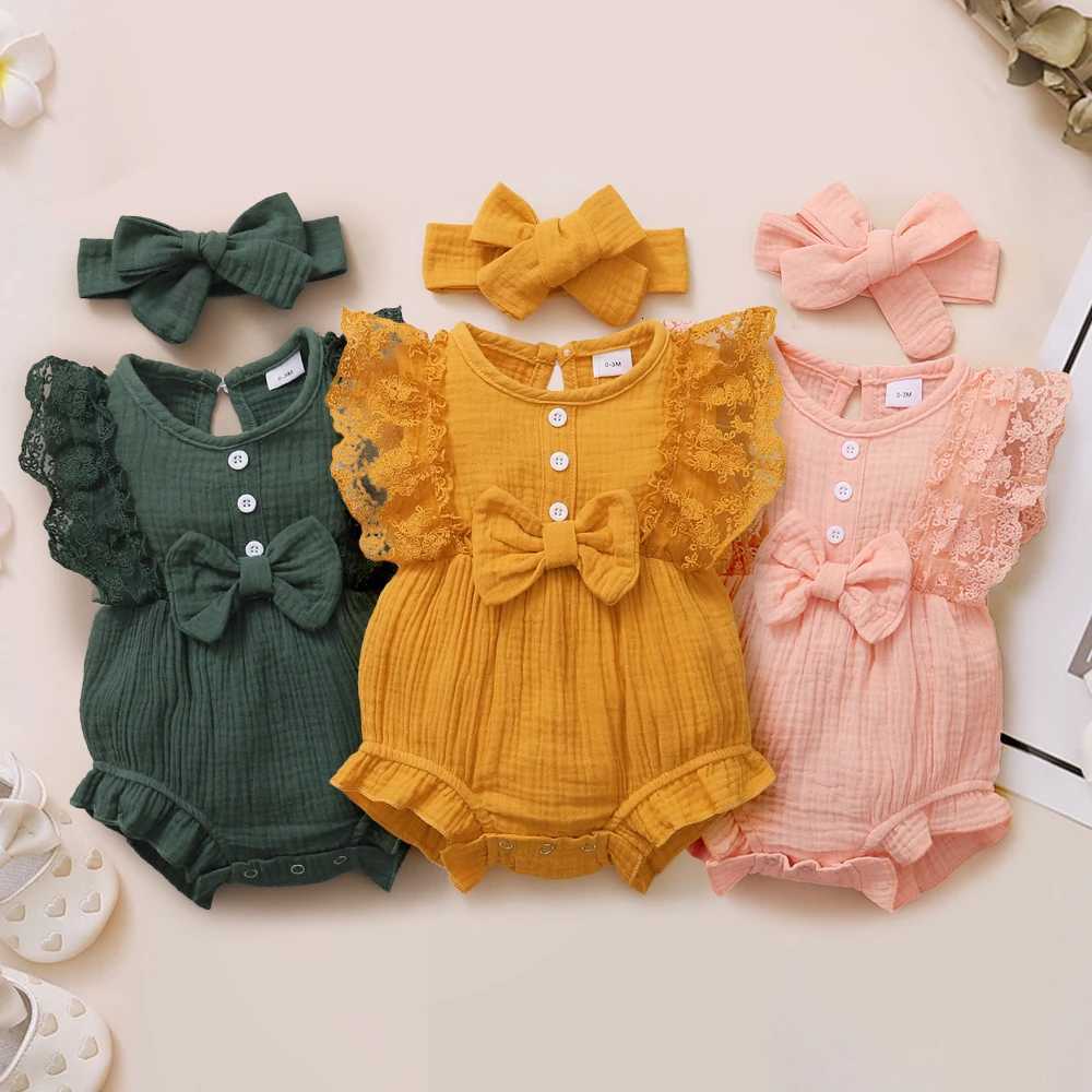 0-18 Months Old Newborn Solid Color Sleeveless Round Neck Lace Edge Bow Romper + Headband Baby Girl Summer New Casual Jumpsuit XJ250712