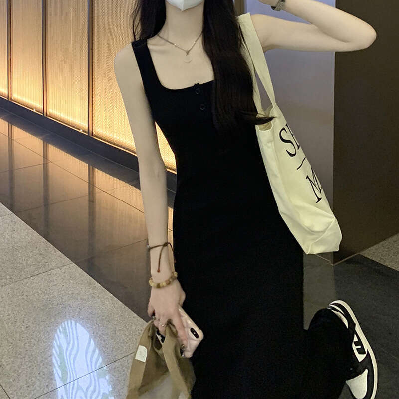 Black Strap Spring Summer For Plus Size Women Slimming Base Layer Pure Desire High-End A-Line Long Dress B5