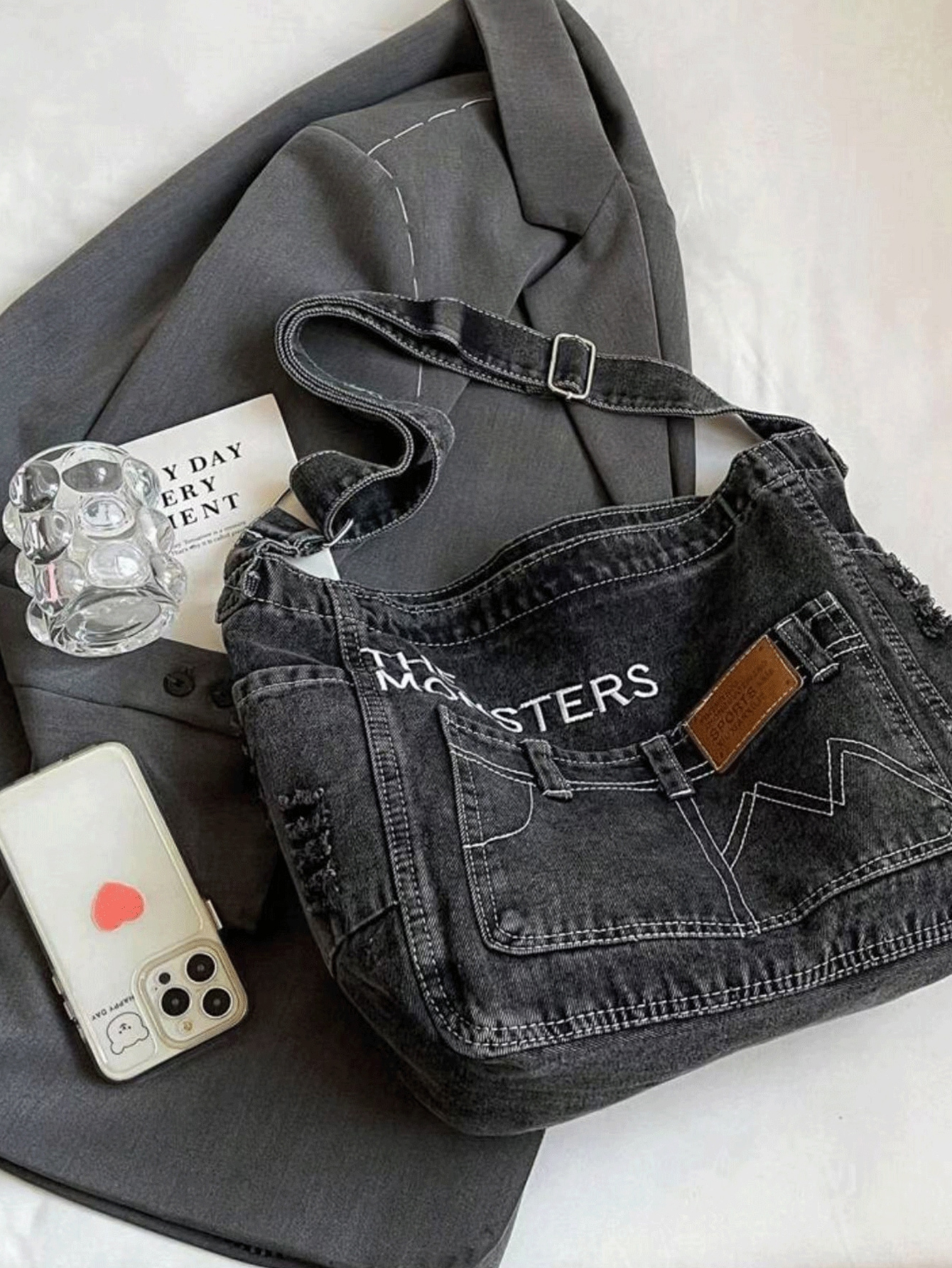 Vintage Denim Shoulder Bag with Adjustable Strap & Multiple Pockets, Distressed Jeans-Style Stitching and Metal Buckles for Casu