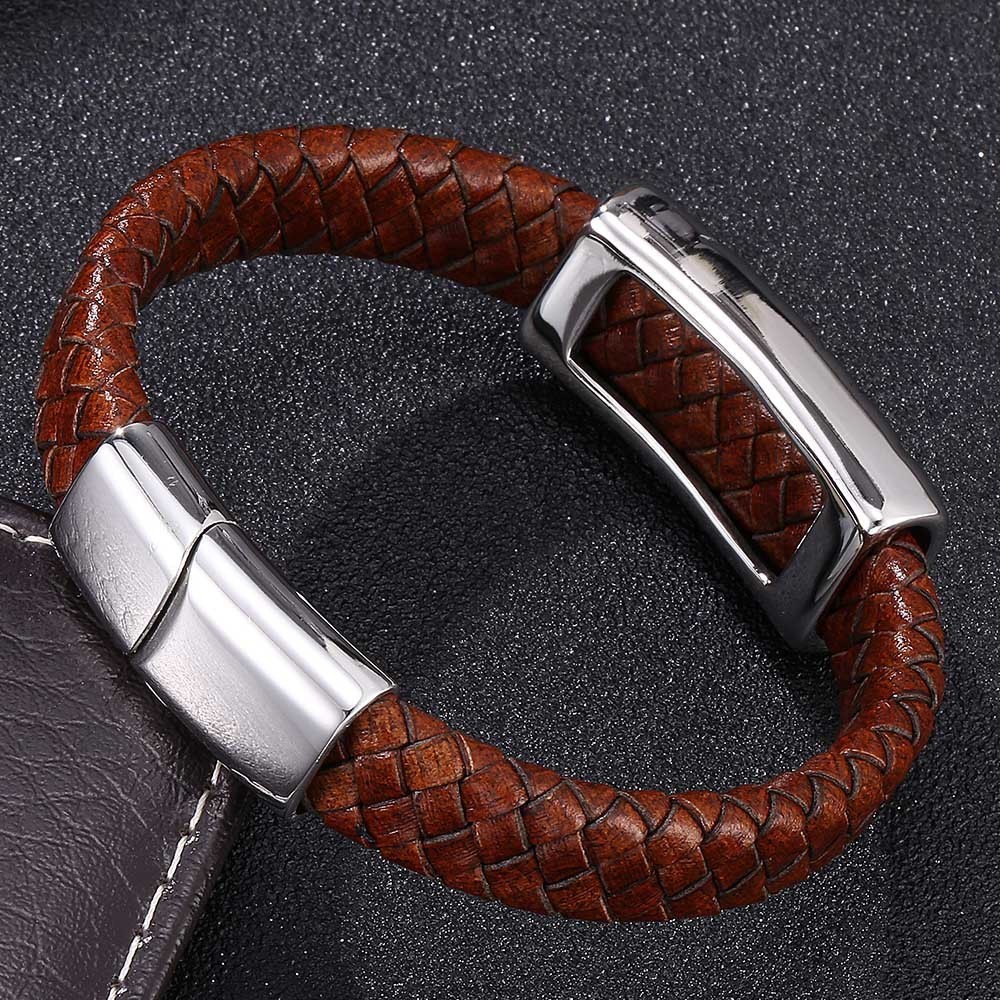 REAMOR New Stainless Steel Inlay Leather Connector Bracelets Mens Brown Genuine Leather Bracelet Mens Gift Jewelry CX200724