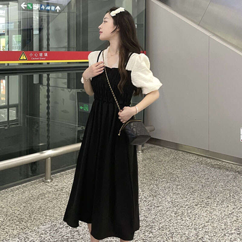 Fake Two-Piece Waist-Cinching Black Summer New V-Neck Elegant Design Mid-Length Women's Dress B5