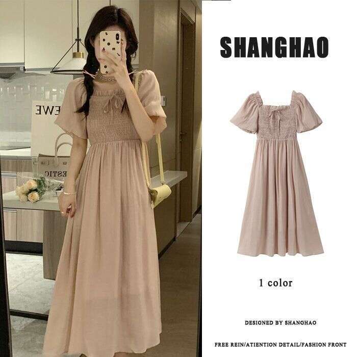Summer New French Sweet Square Neck Puff Sleeve For Petite Women Slim Waist Fairy Long Dress B5