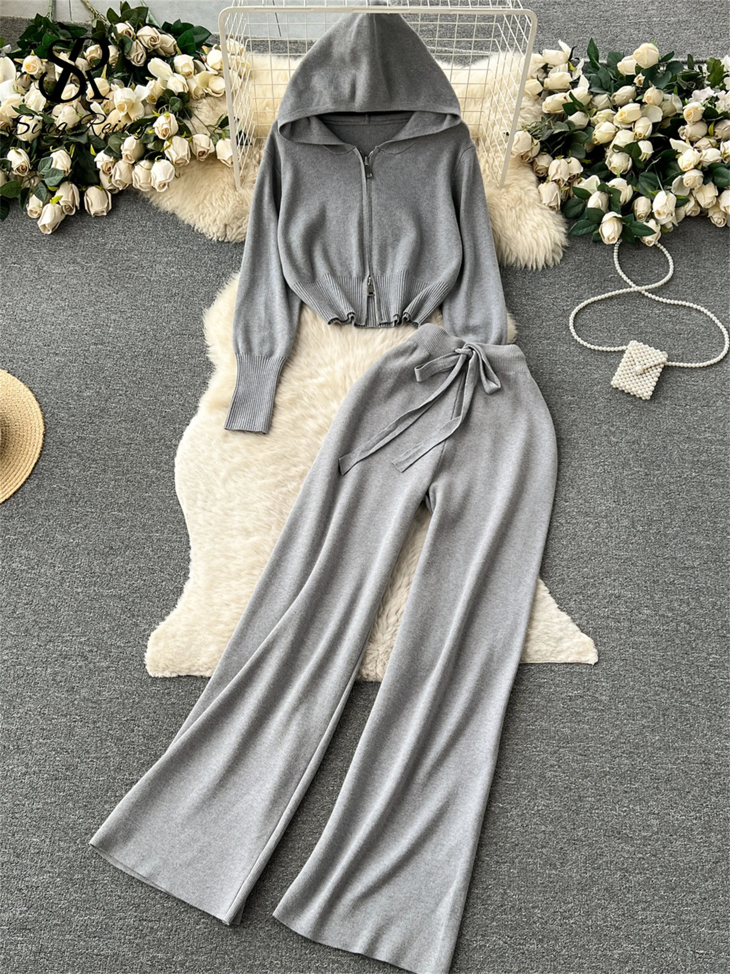 SINGREINY Fashion Casual Sports Knitted Suits Zipper HoodieElastic Waist Drawstring Wide Legs Long Pants Winter Two Pieces Sets 250709