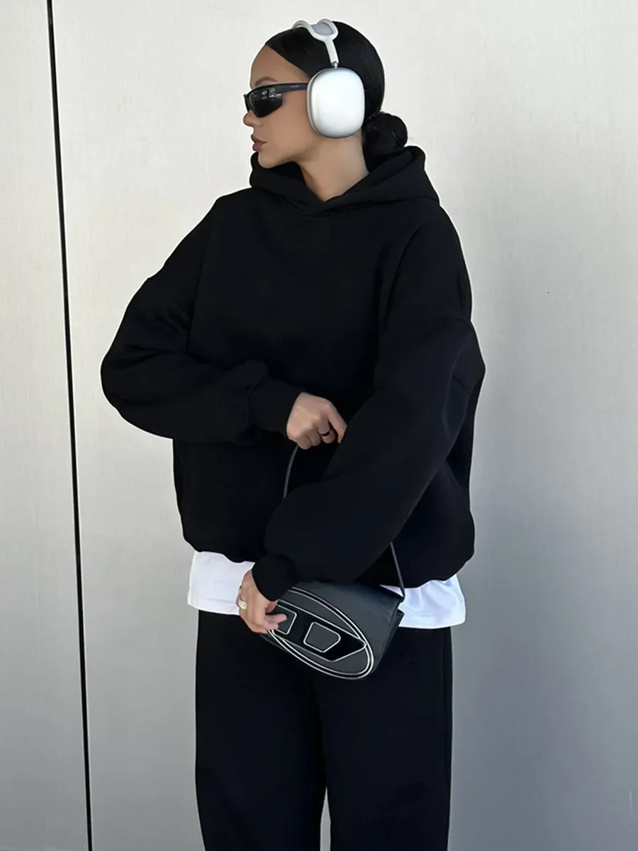 Wolfeel Solid Color Hoodies Pants 2-Pieces Sets Winter Thicken Fleece Womens Sweatshirt Oversized Fashion Warm Pullovers Sets 250709
