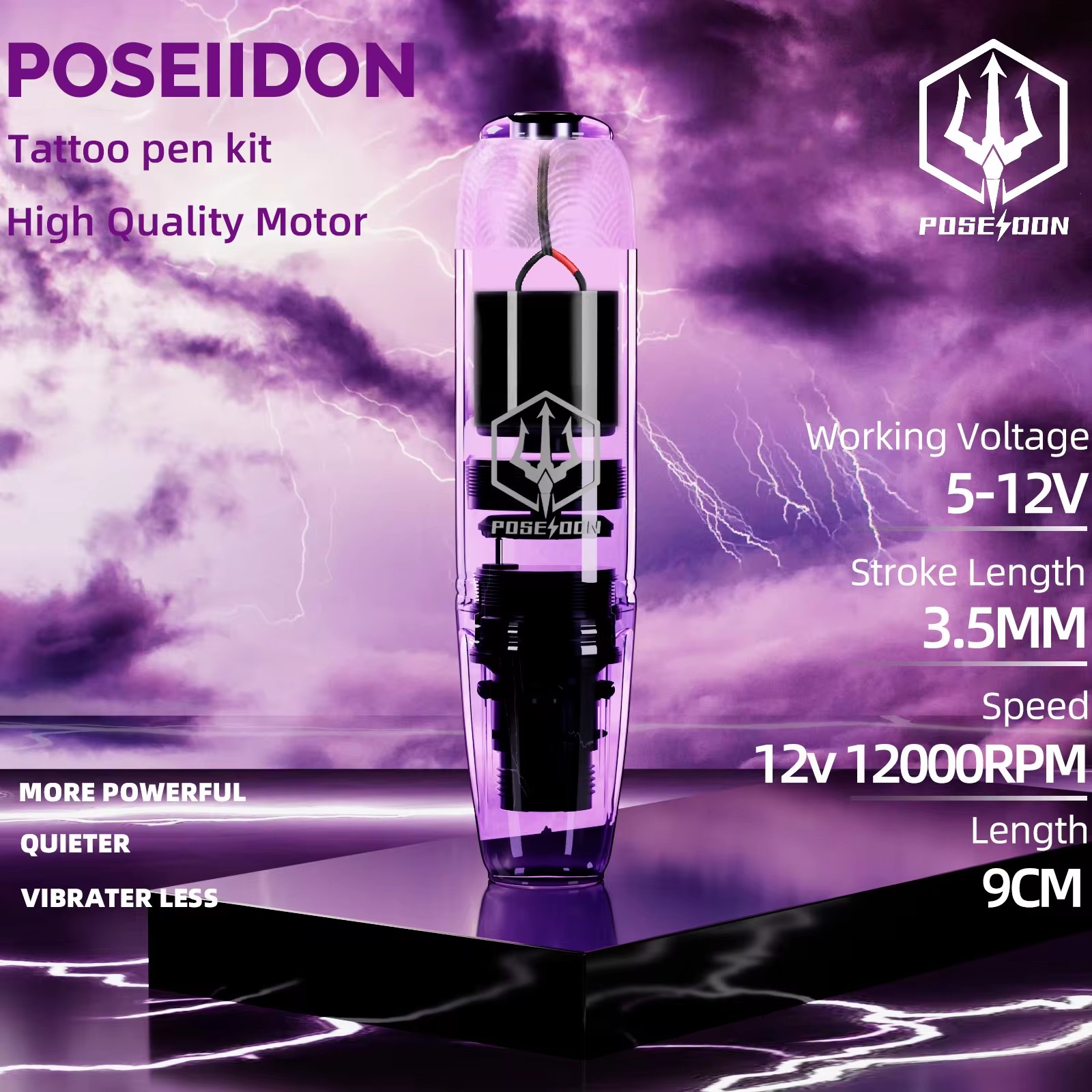 POSEIDON Tattoo Kit 10PCS Tattoo Needles Tattoo Pen Kit High Power Transparent Purple Tattoo Power Supply Tattoo Machine Kit