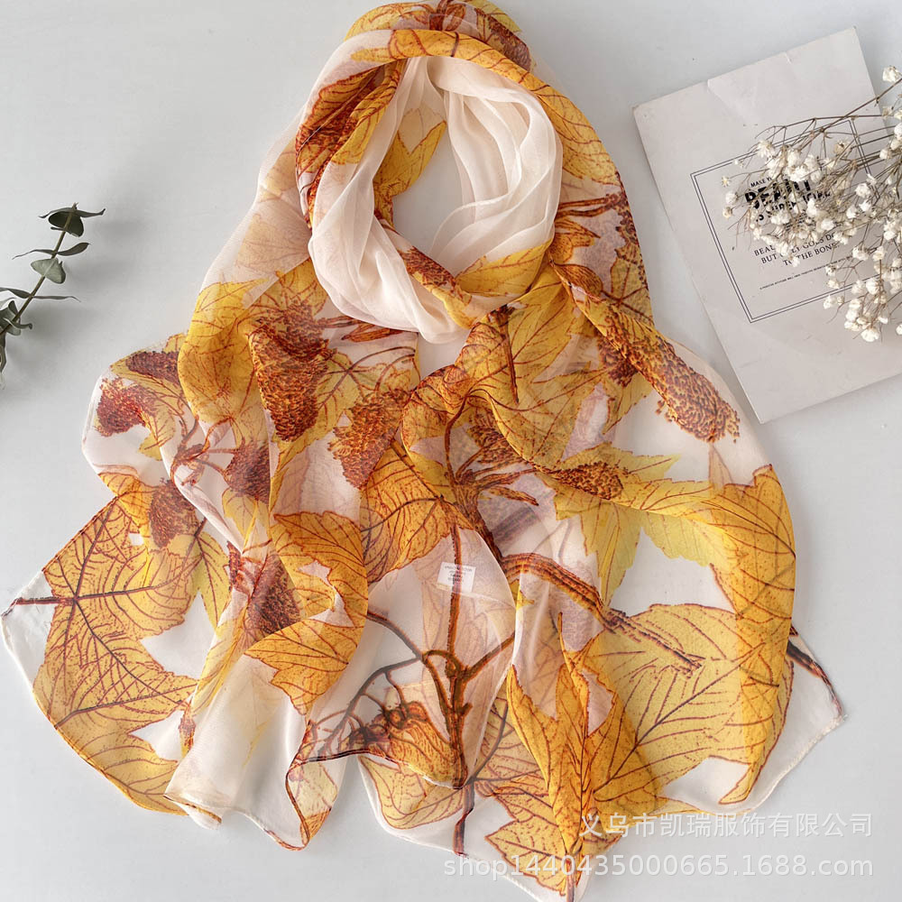 K1321 New style printed silk scarf, sycamore leaf thin style, floral style, chiffon georgette, light spring and summer sunscreen scarf for women, brea