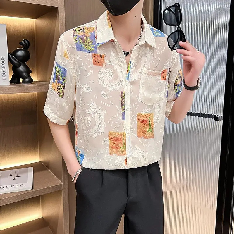 Hairdressers Five-point Sleeve Floral Shirt for Men Loose Jacquard and Breathable Ice Silk Top 250707