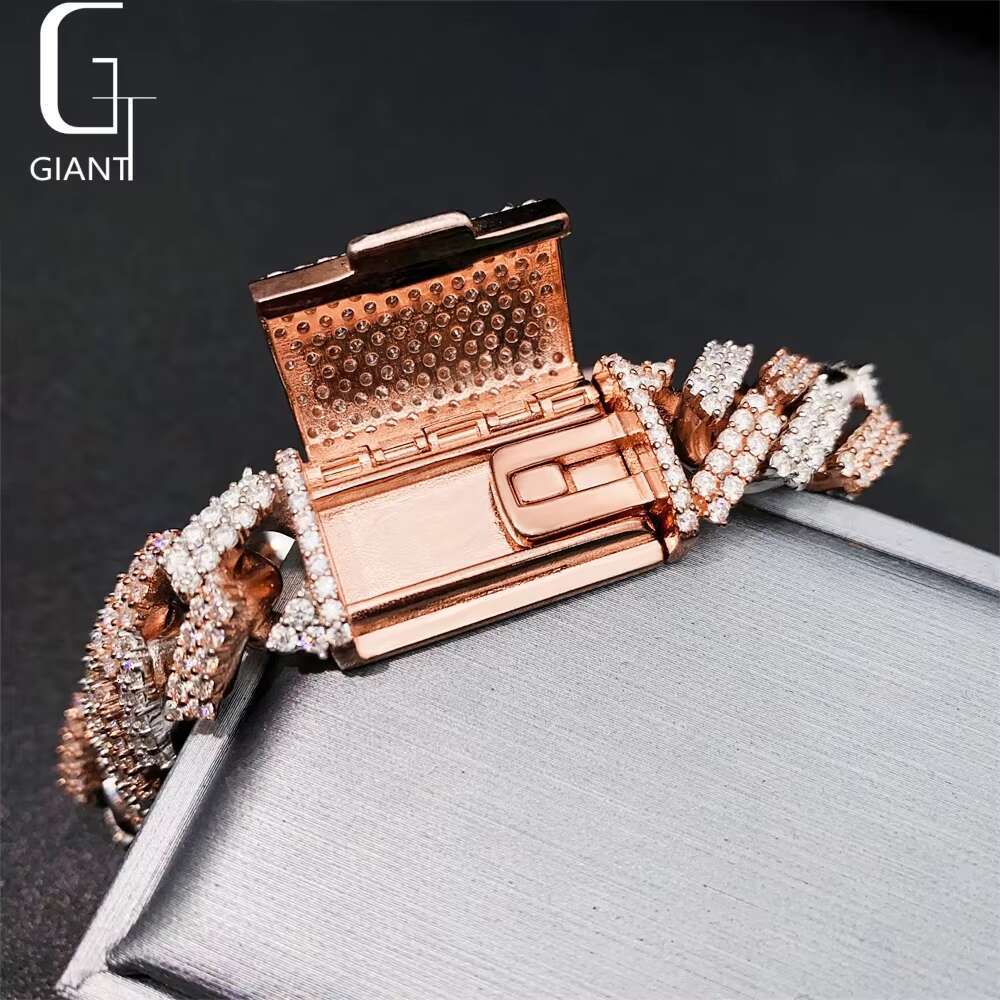 15mm Rose Gold + Silver Plated HIP HOP Jewelry 925 Sterling Silver VVS Moissanite Diamond Cuban Link Necklace Bracelet Unisex