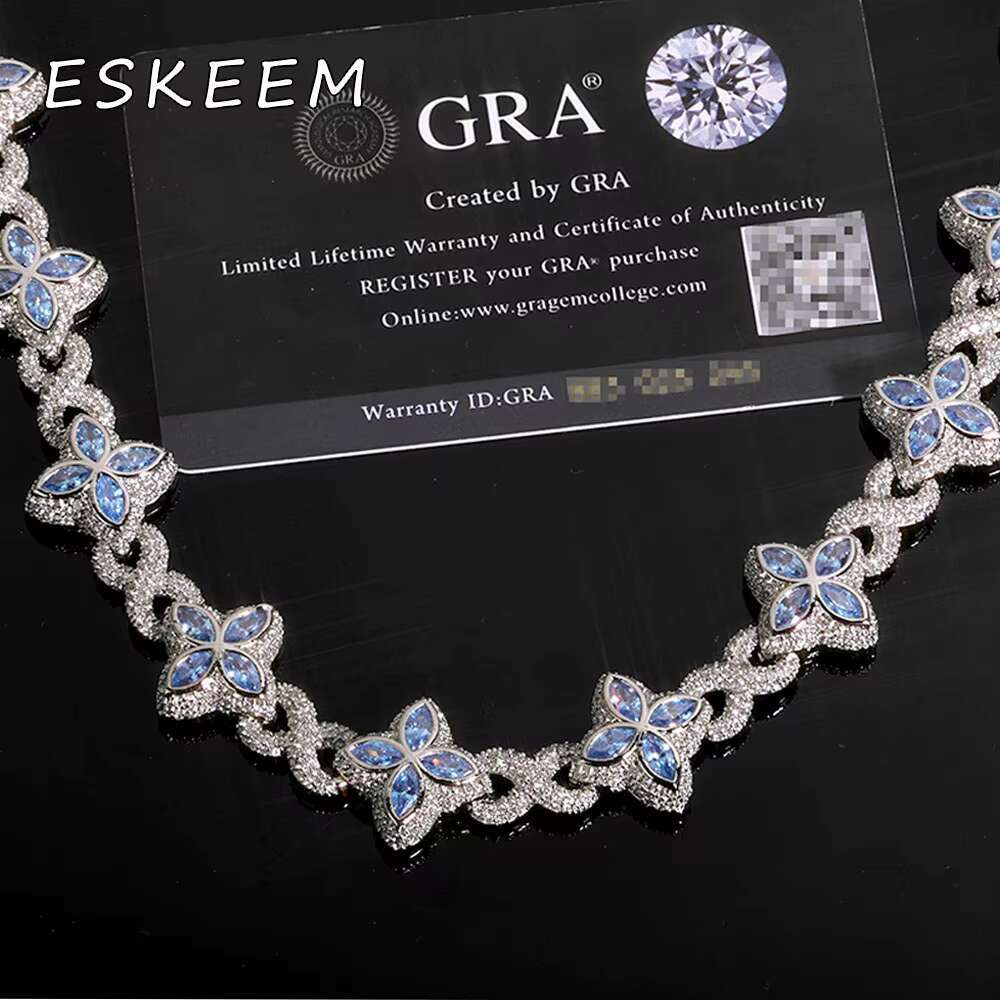 Luxury 925 Silver Chain Colored Moissanite Iced Out Cuban Link Necklace Four Leaf Clover Design Hip Hop Jewelry for Women