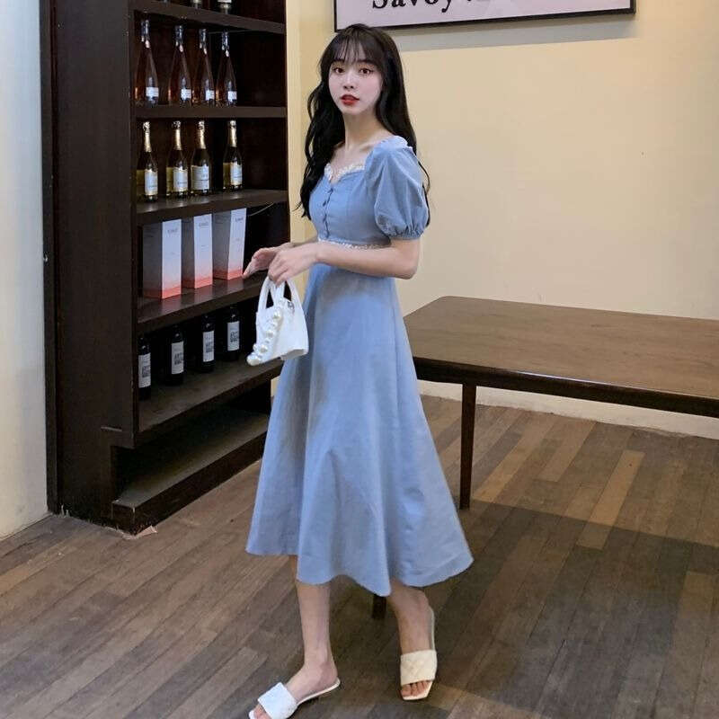 Tea Break French Square Neck For Women New Summer Wear Petite Elegant Waist-Cinching Slimming Long Dress B5