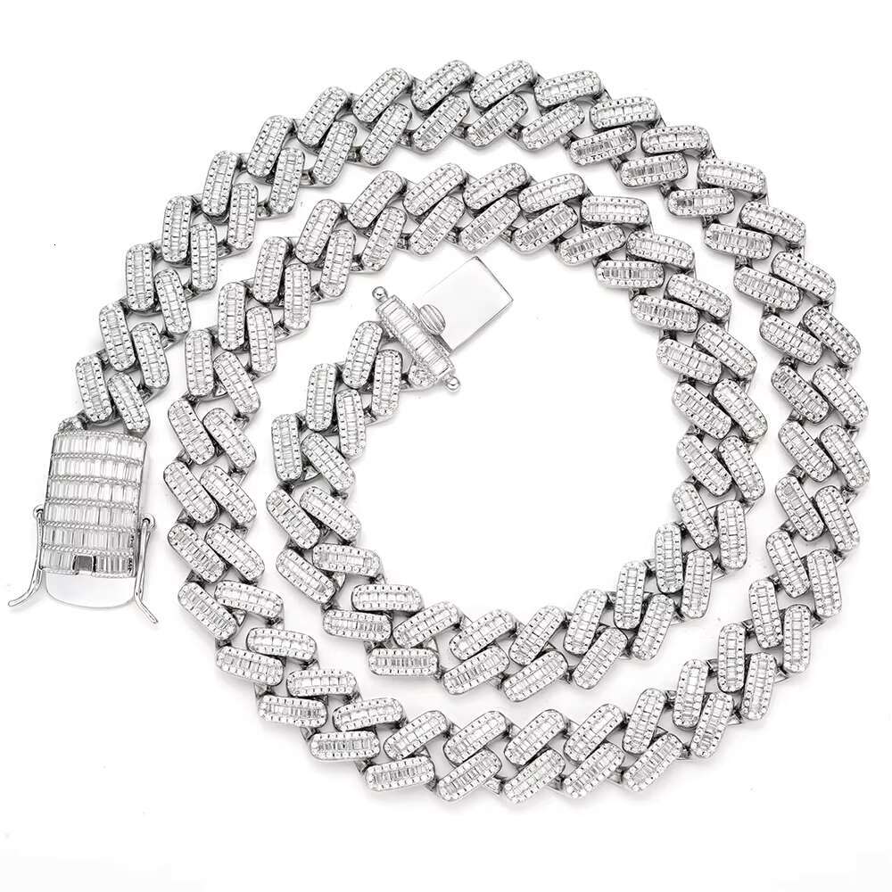 Hip Hop Iced Out 925 Sterling Silver Moissanite Cuban Chain baguette Cubic Zirconia 14k Gold Plated Cuban Link Chain for Men