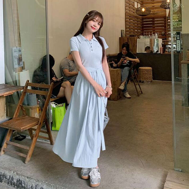 Sweet Youthful Polo Collar Waist-Cinching Beautiful Long French Gentle Blue Elegant Short Sleeve Dress Summer B5