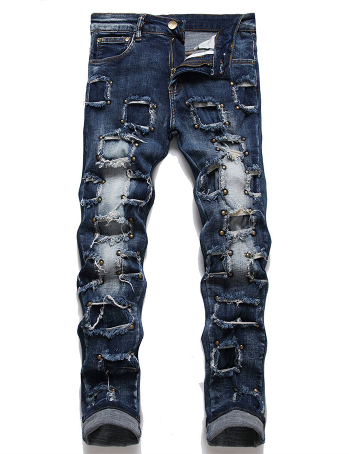Men's Steampunk Rock Hip Hop Rivet comfortable Patchwork Beggar stretch Washed Denim Street Fashion Casual Jeans pants