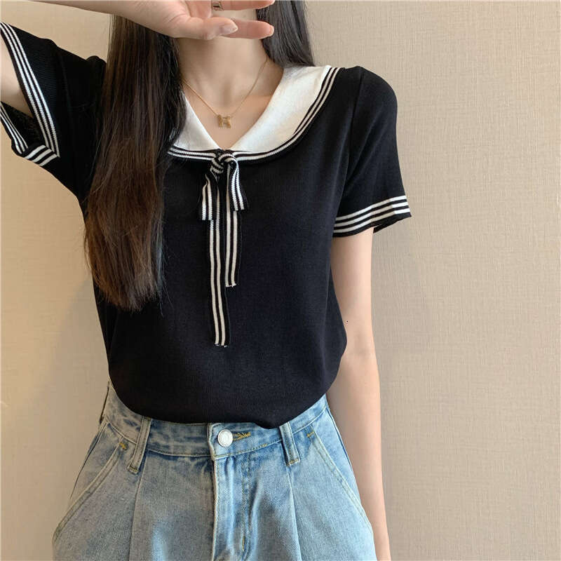 College Style Doll Collar Lace-Up Knitted Short-Sleeved T-Shirt For Women Summer Design Sense Niche Chic Loose All-Match Top B5