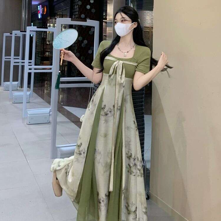 Plus Size New Chinese Style Sleeve Summer Waist Slimming Improved Long For Slightly Chubby Women With Tie Floral Dress B5