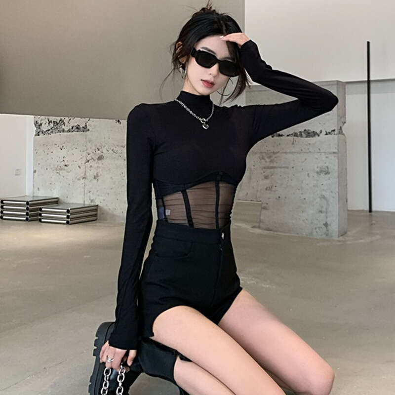 Korean Style Spicy Girl Mesh T-Shirt For Women, Spring And Summer New Black Long Sleeve Half High Collar Base Shirt, Short Inner Top B5