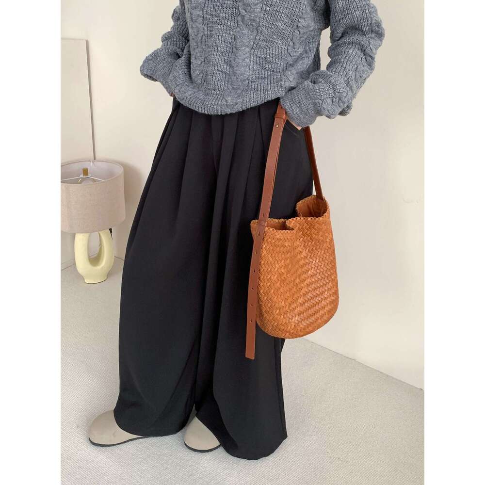 Leather Bag Bucket Bag Tote Bag New Summer Internet Celebrity Genuine Leather Woven French Style Single Shoulder Crossbody Women S Bucket B