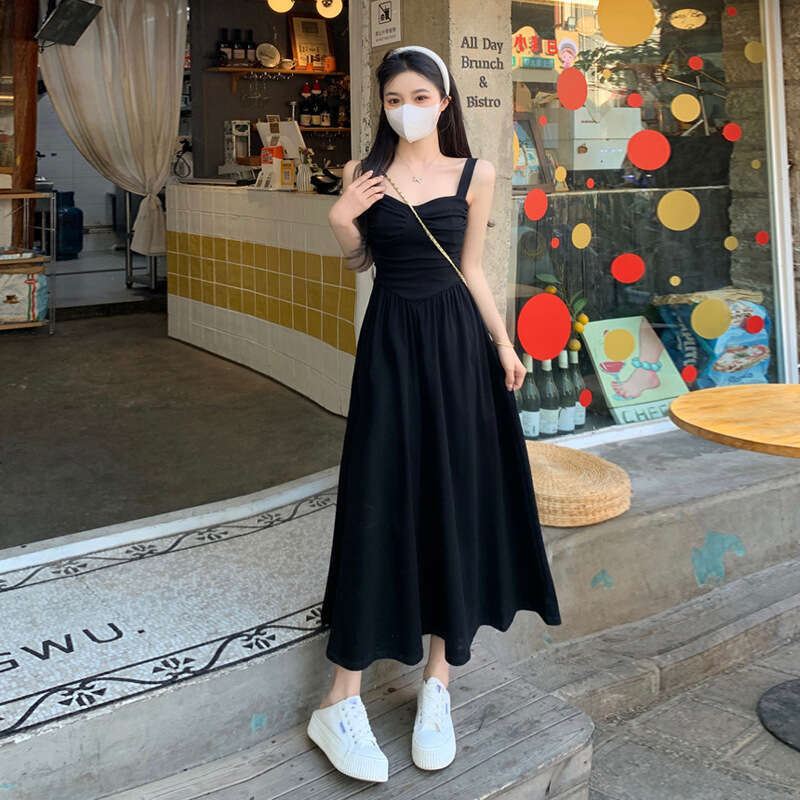 French Strap For Women, Summer Petite Waist-Cinching Slimming High-End Hepburn Style Little Black Long Dress B5