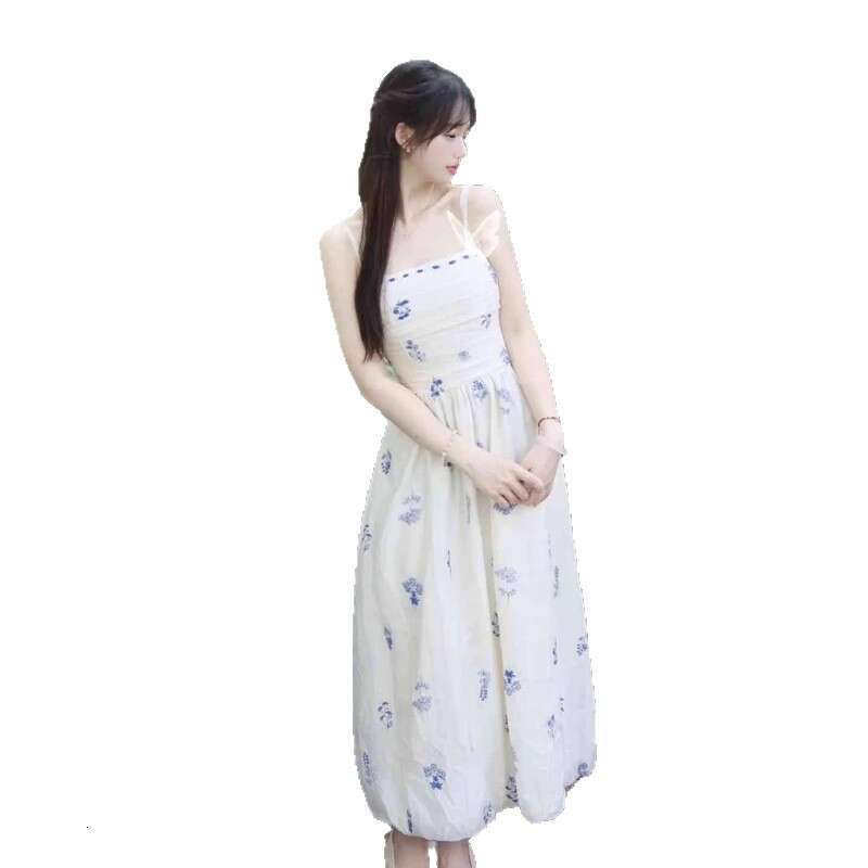 Summer New French Style First Love Gentle Temperament Blue Floral Strap Waist-Cinching A-Line Long Dress For Women B5