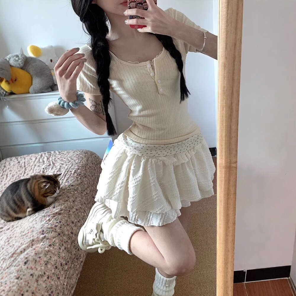 Summer Matching New Pure Desire Sweet Girl Slim Fit Fake Two-Piece Short Sleeve Half Skirt Set B5