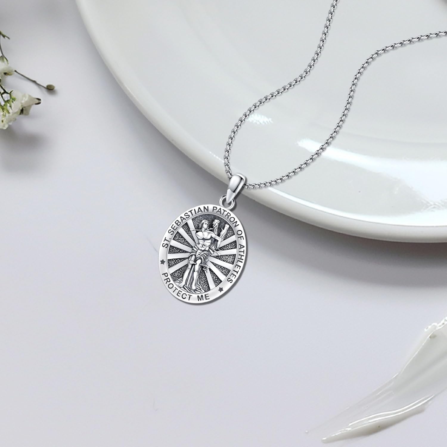 Saint Sebastian Necklace 925 Sterling Silver St Sebastian Medal Pendant Amulet Jewelry Gifts for Men Women Birthday Christmas