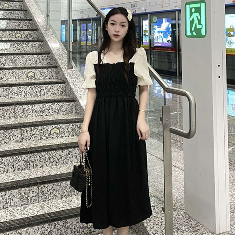 Fake Two-Piece Waist-Cinching Black Summer New V-Neck Elegant Design Mid-Length Women's Dress B5