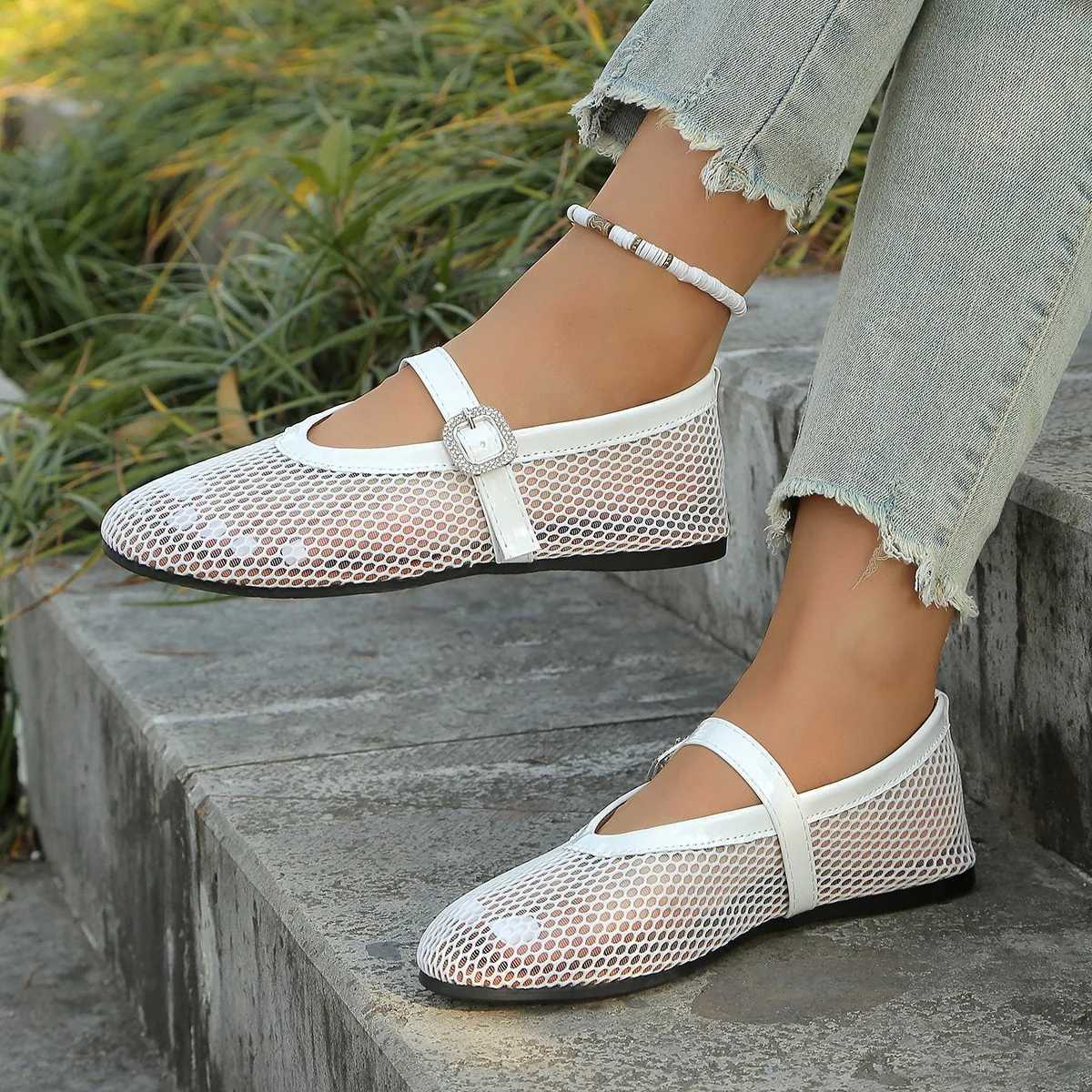 Summer Round Toe Mesh Breathable Womens Ballet Flats Casual and Comfortable Cut-out Mary Jane Single Shoe Fishnet Shoes XJ250712