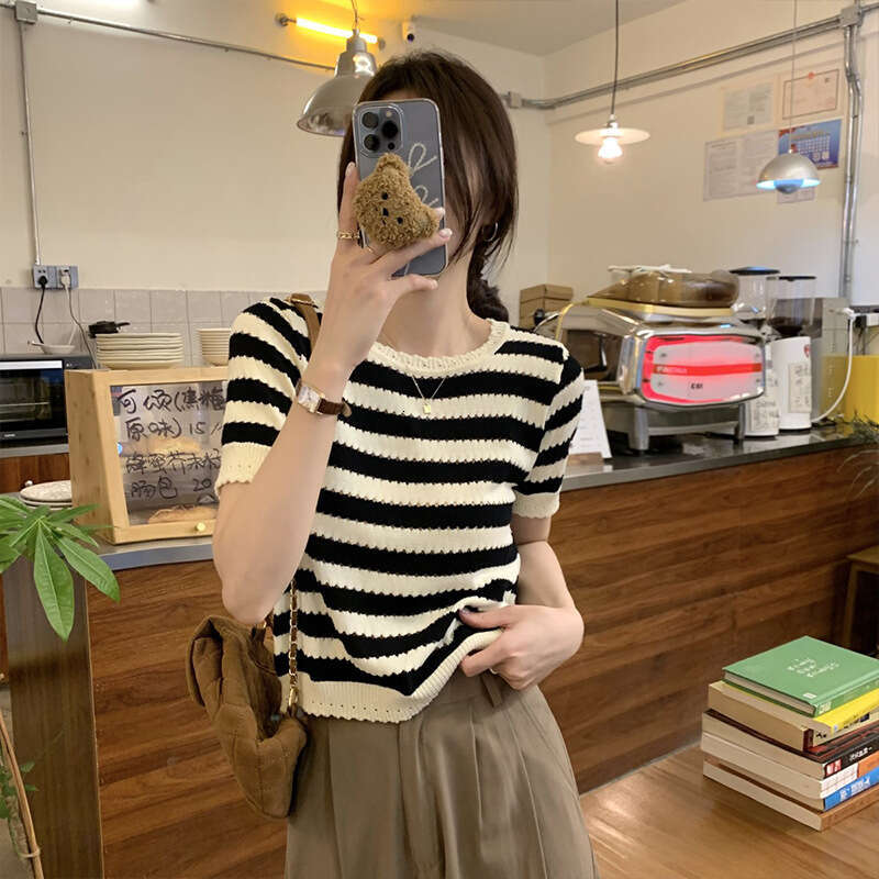 Korean Style Black And White Striped Hollow Design Elegant Versatile Short Sleeve Knitted For Women Summer High-End Feel Women's Top B5