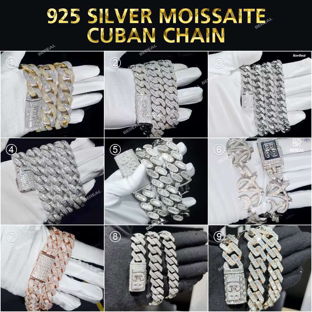 Custom VVS Moissanite Cuban Link Bracelet Chain Men Hip Hop Style Iced Out 925 Silver Baguette Diamonds Necklace Fine Jewelry
