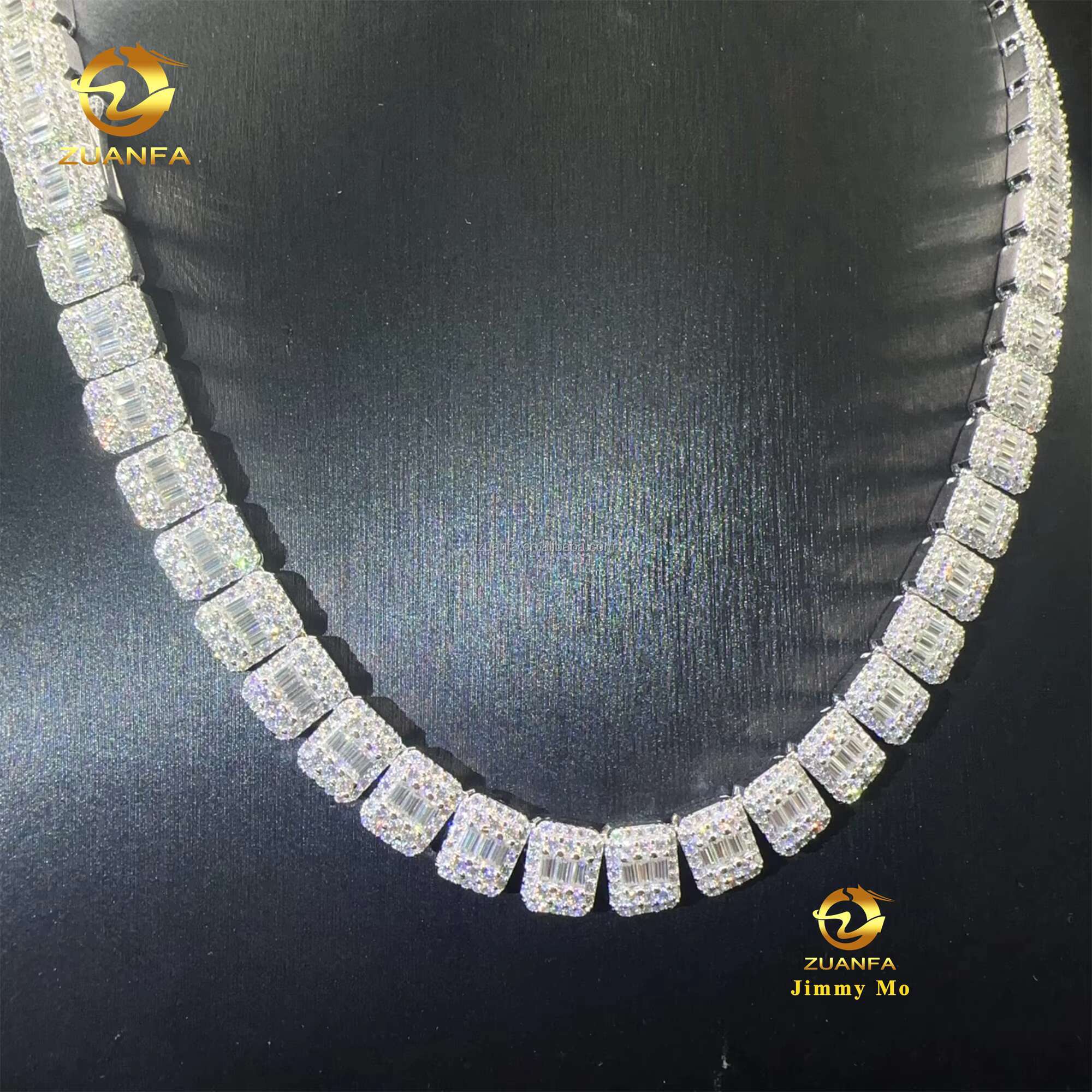 Personalized Hip Hop Style Jewelry Iced Out 925 Solid Silver Rhodium Plated Baguette Moissanite Cluster Tennis Chain Men