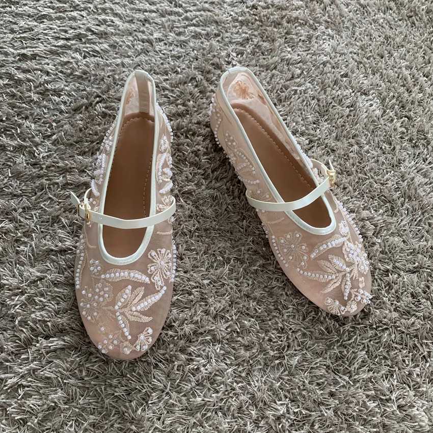 Mesh Embroidery String Bead Design Women Ballet Flats Fi Buckle Breathable Mary Jane Shoe Comfort Low Heel Soft Flat SandalXJ250712