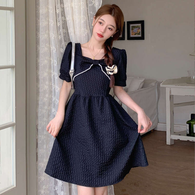 High-End Waist-Cinching Elegant Mid-Length Summer New French Style Slim Sweet Fresh Square Neck Dress For Women B5