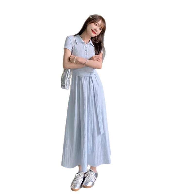 Sweet Youthful Polo Collar Waist-Cinching Beautiful Long French Gentle Blue Elegant Short Sleeve Dress Summer B5