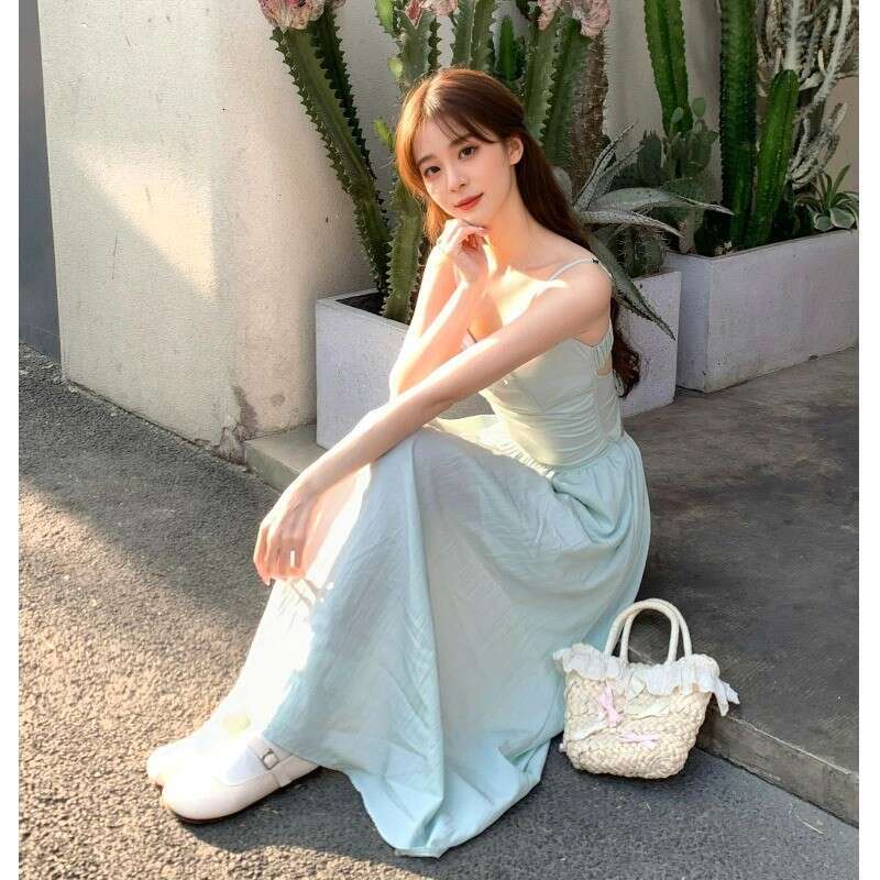 French Mint Green Backless Strap For Women Summer High-End Elegant Beach Vacation Style Long Dress B5
