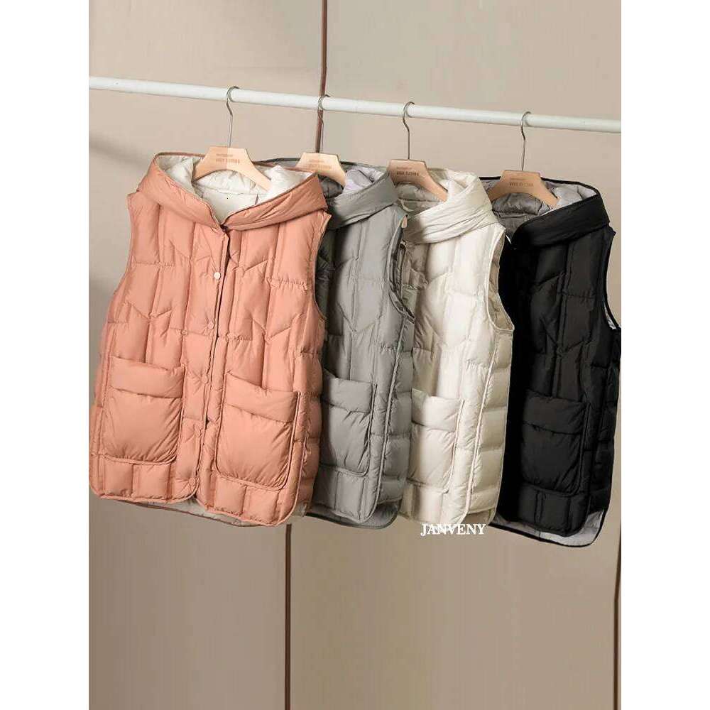 Janveny 2025 New Fashion Hooded Down Sleeveless Vest Women Lightweight Seamless White Duck Feather Puffer Short Waistcoat