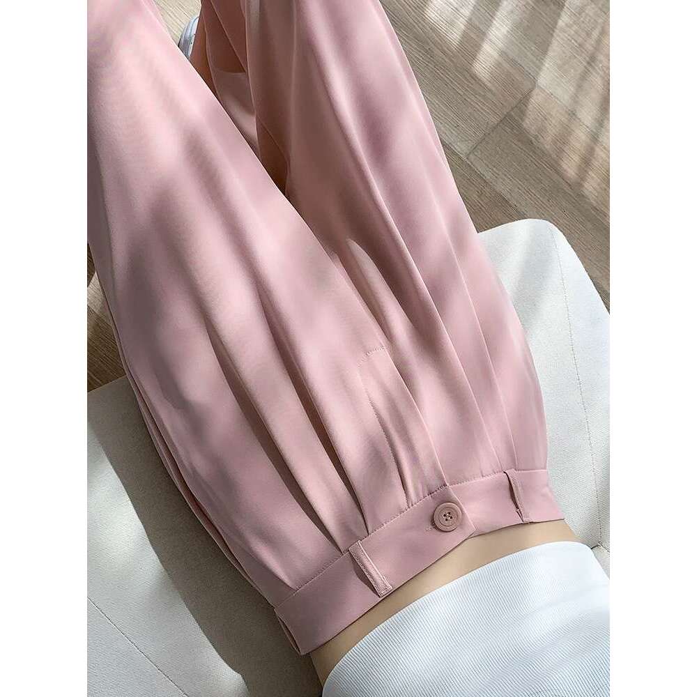 Pink Ice Silk Wide-Leg For Women, Summer Thin Draped Cool Pants, Sun-Proof Petite Straight Chiffon Suit Pants B5