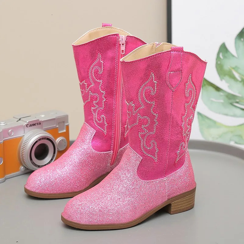 Toddler Snow Gear Girls Boots Mid Calf Glitter Western Cowboy Boot Little Kid Big Kid Riding Girls Botas Size27-36 Kids Shoes 250711
