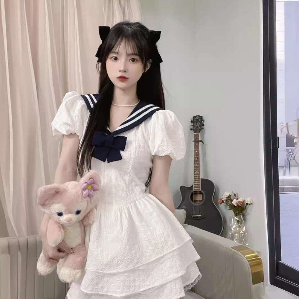 Navy Style Doll Waist-Cinching A-Line For Women Summer Hot Girl Princess Puffy Little White Dress B5